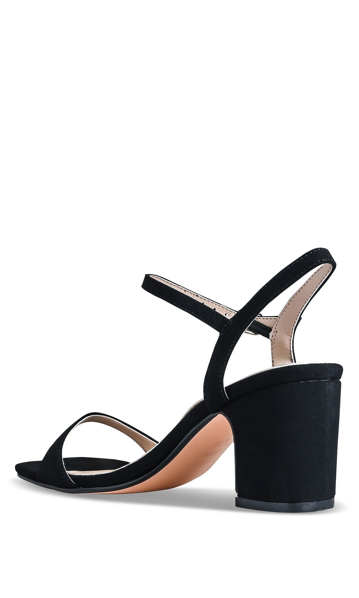 The True Black Prom Shoes: Touch Ups 4770 feature a minimalist open-toe design, mid-height block heel, and ankle strap, shown from a rear side view—ideal black block heel sandals for prom.